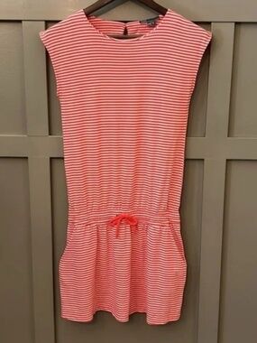 Vince Striped Dress Red White Tie Waist Pockets Pima Cotton Modal Size XL